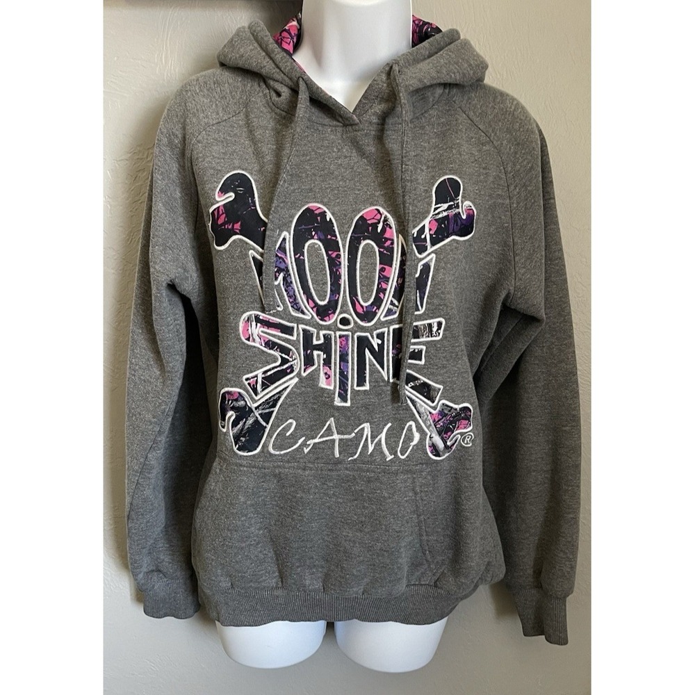 Moonshine Camo Hoodie Womens Medium Gray‎ Hot Pink Sweater Long Sleeve Hooded